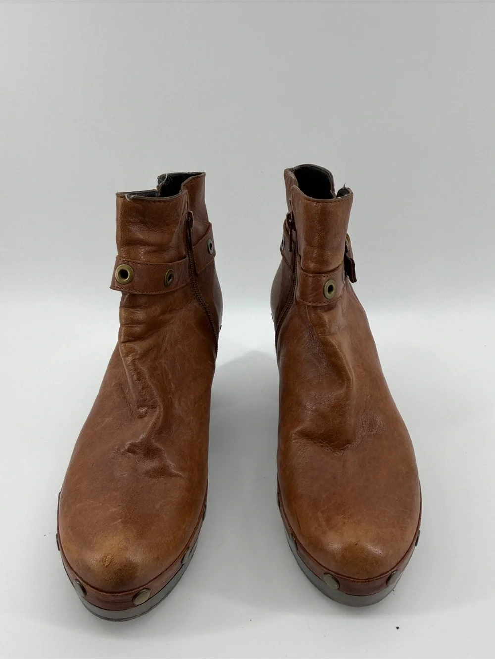 Stuart Weitzman Brown Leather Belted Clog Platform Moto Booties 10